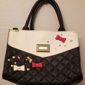 Betsey Johnson Black and Cream Satchel with Red and Gold Accents